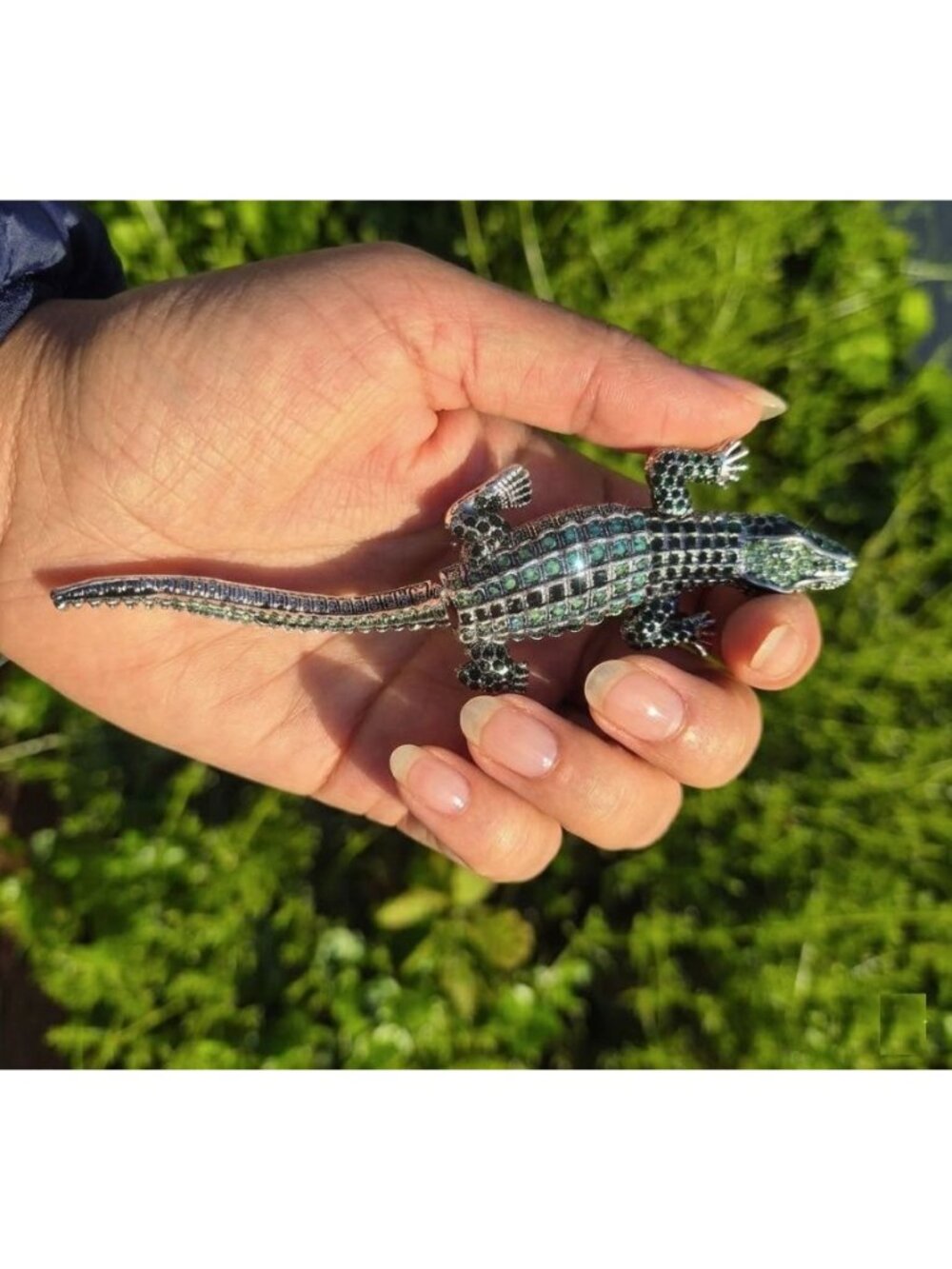 ⭐Rhinestone Alligator Animal Brooch Pin Green & Silver 5.7 Inches Vintage Vibes⭐